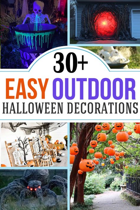 Collage of halloween decorations including pumpkins, skulls, spiders, and lights. Diy Halloween Outdoor Decorations, Outdoor Halloween Crafts, Diy Halloween Yard, Diy Halloween Outdoor, Halloween Yard Ideas, Outdoor Halloween Decor Ideas, Diy Outdoor Halloween Decorations, Easy Outdoor Halloween Decorations, Halloween Outdoor Decoration