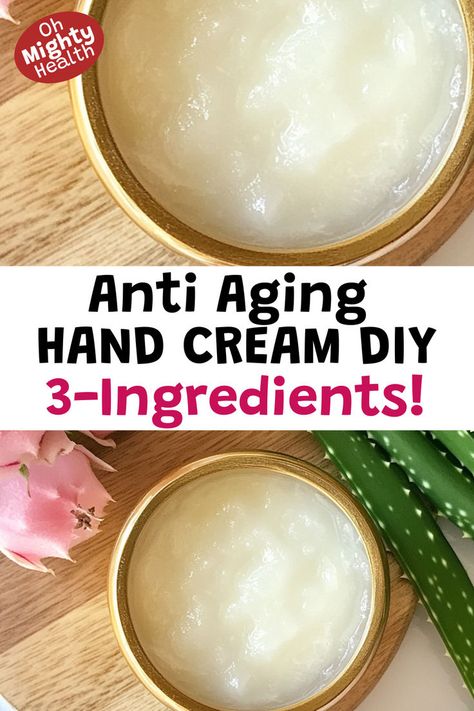 Homemade anti aging hand cream diy in wooden bowl, shown with aloe vera leaf and pink flower. Natural moisturizer recipe made with three ingredients for softer, younger-looking hands. Hand Cream Recipe, Diy Hand Cream, Hand Cream Homemade, Diy Anti Aging Cream, Dry Skin Diy, Anti Aging Hand Cream, Natural Hand Cream, Anti Aging Homemade, Diy Moisturizer