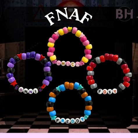 Bracelets for the fnaf lovers… the og animatronics! 4 Matching Bracelets, Fnaf Friendship Bracelet, Fnaf Bead Bracelets, Brainrot Bracelets, Kandi For Beginners, Fnaf Kandi Bracelet, Cartoon Bracelet Ideas, Fnaf Craft Ideas, Kandi Bracelets Matching