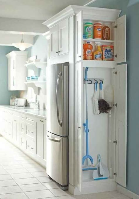 Add a cabinet to any dead space in your kitchen or laundry room for cleaning supplies. Slim Bathroom, Laundry Design, Kraf Diy, Cabinets Organization, Farmhouse Sink, Kitchen Remodel Idea, Decor Minimalist, New Home Ideas, Design Case