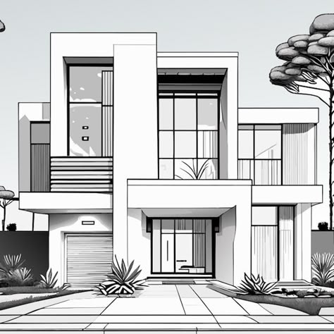 Modern House Architecture Design Sketch, Architectural House Sketch, Perspective House Sketch, Elevation Designs For House Modern, Architectural Design Sketch, Modern Building Sketch, Drawing Of House Sketches, Perspective Sketches Architecture, Aesthetic House Sketch