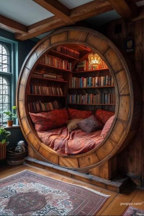 Dream Library Aesthetic, Reading Space Ideas Cozy Nook, Wood Library Room, Unique Home Library Ideas, Hobbit Library Aesthetic, Interior Hobbit House, Hobbit House Book Nook, Aesthetic Home Library, Bed With Library