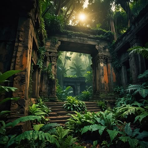 Enigmatic Ruins: Ancient Mysteries in Otherworldly Jungle,  on ArtStation at https://www.artstation.com/artwork/xDanE1 Ancient Jungle Ruins, Jungle House Concept Art, Jungle Temple Concept Art, Concrete Jungle Aesthetic, China Jungle, Ancient Ruins Concept Art, Jungle Fantasy Art, Jungle Castle, Aztec Jungle