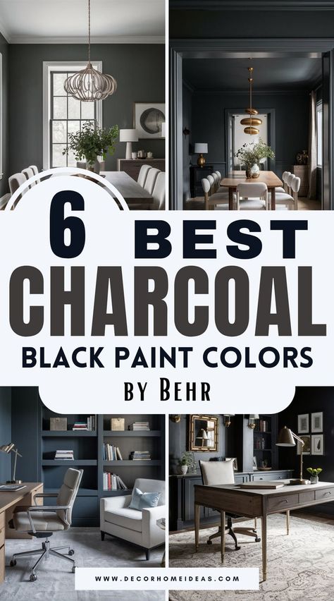 Uncover 6 amazing charcoal black paint colors by Behr that combine style and versatility. Perfect for creating bold accents or sleek backdrops, these shades offer a striking balance of depth and sophistication. Discover which one best complements your design vision! Charcoal Black Paint, Black Paint Colors, Accent Wall Paint Colors, Charcoal Grey Paint, Black Painted Walls, Gray Painted Walls, Behr Colors, Black Paint Color, Behr Paint Colors