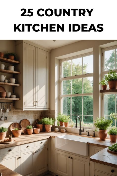 Country-style kitchen with beige cabinets, large window, and potted herbs on countertops. Small Country Kitchens, Farmhouse Style Rugs, Rustic Country Kitchen, Shabby Chic Cabinet, Country Kitchen Ideas, Rustic Country Kitchens, Country Kitchen Designs, Shaker Style Cabinets, Farmhouse Style Table