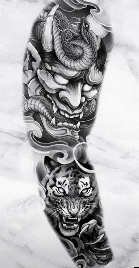 Japanese Samurai Tattoo Sleeve For Men, Samurai Tattoo Design Ideas For Men, Black And Grey Tattoos Sleeve Men, Japanese Sleeve Tattoos Black And Grey, Mens Japanese Tattoos, Japanese Sleeve Tattoo Design, Japanese Tattoo Art Men, Japanese Skull Tattoo Design, Japanese Tattoo Black And Grey