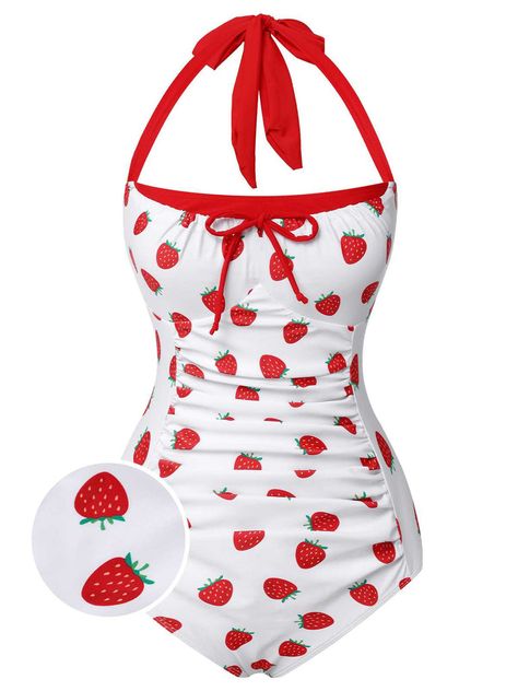 [Pre-Sale] Red 1960s Halter Bow Strawberry One-Piece Swimsuit Swimsuits Outfits, Standard Dress, Cute Bathing Suits, Costume Intero, Bra Types, Cute Swimsuits, Dolce E Gabbana, Kawaii Clothes, Padded Bras