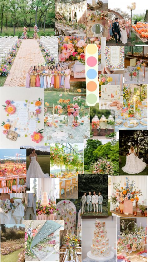 July Summer Wedding Colors, Outdoor Wedding Colorful, Wedding Color Inspo Spring, Spring Pastel Wedding Ideas, Summer Wedding Bright Colors, Pink And Orange Spring Wedding, Floral Garden Wedding Theme, Pastel Garden Party Decoration, Wedding Ideas Spring Colors