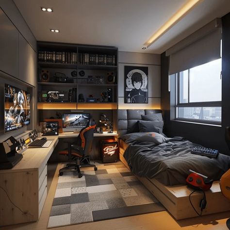 Small Cabin Room Ideas, Shared Gaming Room Setup, Gaming Room And Office, Smart Room Design, Boys Game Room Bedroom Ideas, Gamer Room Design Ideas, Aesthetic Room Boys, Ps5 Setup Bedroom, Bedroom With Gaming Setup