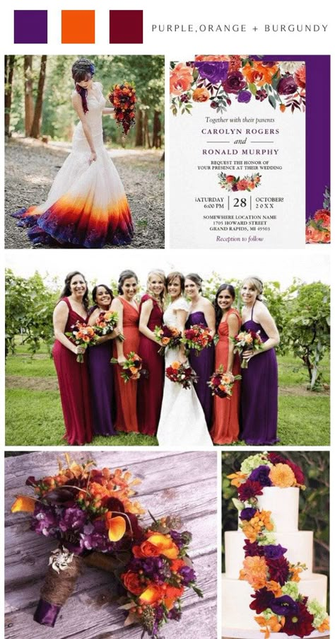 outdoor october wedding purple orange burgundy wedding color ideas #wedding #weddingcolors #weddingideas #fallwedding Orange Burgundy Wedding, Orange Wedding Color Scheme, Orange And Purple Wedding, Sunset Wedding Theme, Sunset Wedding Colors, Fall Wedding Colors Purple, Fall Wedding Colors October, Wedding Color Schemes Purple, Orange Purple Wedding