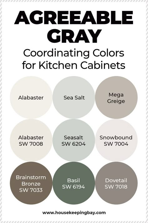 Agreeable Gray Coordinating Colors for Kitchen Cabinets. Alabaster, Sea Salt, Mega Greige, Brainstorm Bronze SW 7033, Basil SW 6194, Dovetail 7018. Your kitchen may already be painted Agreeable Grey when you decide to change the color of the island. or you might need to repaint the kitchen walls with Agreeable Grey so that they still match the color of the island. Agreeable Gray Coordinating Colors for Kitchen Cabinets will help you to better coordinate the selection of colors. Coordinating Paint Colors With Agreeable Gray, Cabinets And Walls The Same Color, Agreeable Gray With Dark Cabinets, Cabinet Colors For Agreeable Gray Walls, Sea Salt Kitchen Walls Gray Cabinets, Colors That Go With Dovetail Gray, Best Colors With Agreeable Gray, Mega Greige Color Palette, Sw 6194 Basil