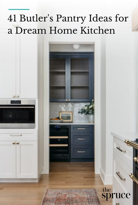 A butler's pantry makes entertaining easier by providing storage, prep, and display space. Discover butler's pantry ideas for every style. #dreamkitchen #kitchendecorideas #kitchentile #classickitchen #whitekitchens #kitchenpantry #apartmentdecor #apartmentdecoratingonabudget #apartmentliving #smallspacedecorating #thespruce Walk In Pantry Off Kitchen, Butler Cabinet Ideas, Butlers Pantry With Desk Area, Butler Pantry With Sink And Dishwasher, Pantry Bar Design, Cabinet Inset In Wall, Open Larder Ideas, Butlers Pantry Kitchen Layout, Butlers Pantry Refrigerator