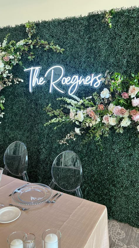 Ceremony Arbor Flowers, Neon Sign Backdrop, Name Signs Wedding, Arbor Flowers, Boxwood Wall, Sweetheart Table Backdrop, Boxwood Backdrop, Head Table Backdrop, Ceremony Arbor