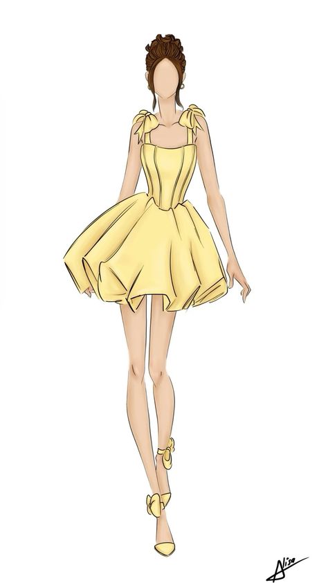 Yellow Dress Illustration, Fashion Design Collection Sketch, Casual Outfits Illustration Fashion Sketches, Yellow Dress Drawing, Sea Inspired Fashion, Croquis Fashion Illustration, Clothing Pattern Design, Fashion Illustration Tutorial, Fashion Illustration Collage