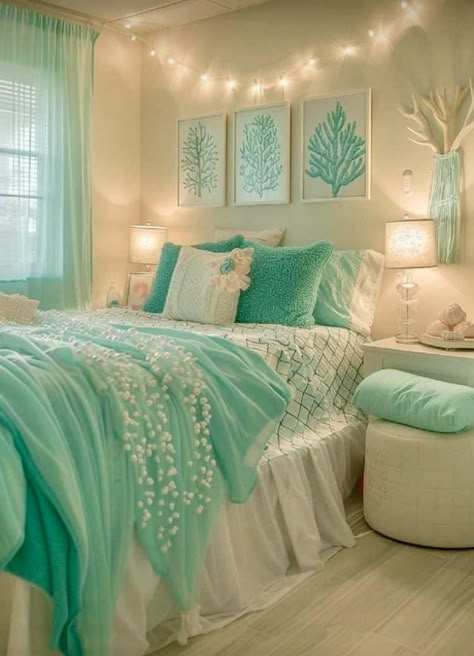 Aqua Dorm Room Ideas, Bedroom With Coral Accents, Interesting Room Ideas, Ocean Reef Aesthetic, Ocean Aesthetic Decorations, Sea Room Ideas Bedrooms, Teen Beach Room Ideas, Diy Ocean Room Decor, Cute Things To Add To Your Room