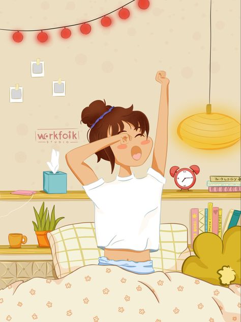 Sleeping girl waking up, kawaii, good morning Anime Wake Up Mornings, Anime Wake Up, A Good Day, Wake Up Pictures, Wake Up Cartoon, Waking Up Drawing, Good Morning Kawaii, Wake Up Illustration, Dreamer Illustration