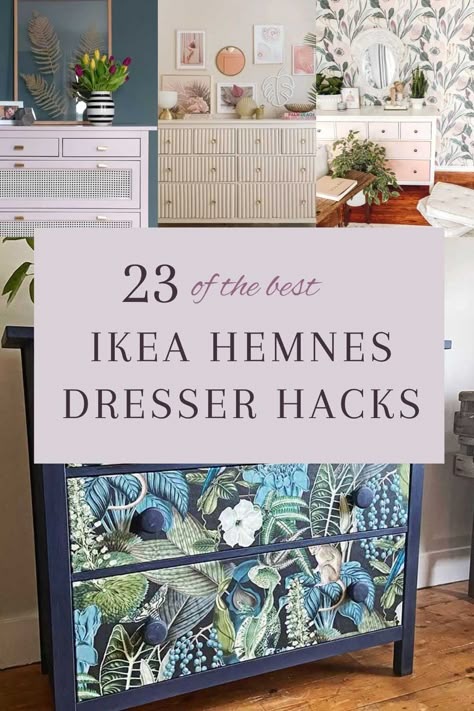 Ikea Dresser Hack Vintage, Ikea Hemnes Dresser Styling, Upgraded Ikea Dresser, Repurpose Ikea Dresser, Refurbished Ikea Hemnes Dresser, Ikea Hemnes Dresser Wallpaper, Painted Ikea Furniture Ideas, Hemnes 3 Drawer Dresser Hack, Ikea Hacks Hemnes Dresser