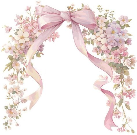 Pink Floral Prints, Coquette Frame, Coquette Watercolor, Watercolor Ribbon, Illustrated Flowers, Dessert Wedding, Recuerdos Primera Comunion Ideas, Coquette Design, Frame Flowers