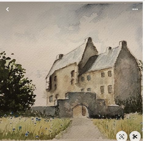 Landscape Paintings Scotland, Scotland Watercolor Paintings, Outlander Painting, Scotland Watercolor, Scotland Drawing, Scotland Painting, Castle Painting, Cottage Painting, Watercolor Architecture