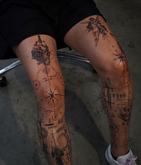 Patchwork Leg Tattoos For Men, Mens Modern Tattoos, Leg Lines Tattoo, Simple Tattoo Sleeve Men, Below The Knee Tattoo Men, Simplistic Leg Tattoos, Mens Patchwork Tattoo Sleeve Leg, Realism Tattoo Thigh, Leg Sleeve Male