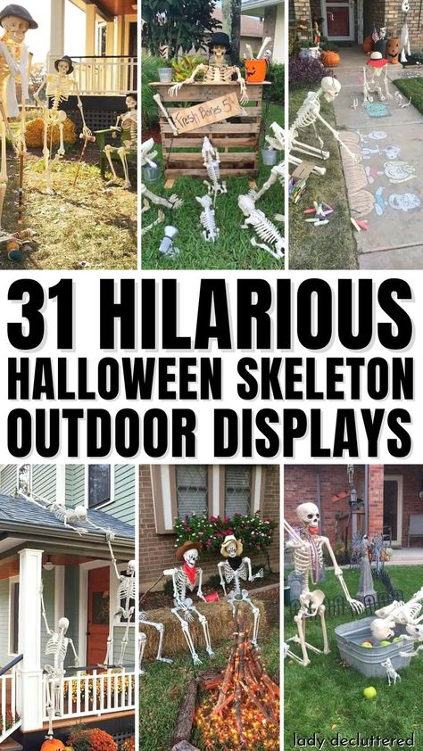 31 Hilarious Halloween Skeleton Outdoor Displays How To Decorate A Skeleton For Halloween, Skeleton Props For Halloween, Halloween Petting Zoo Ideas, Halloween Skeleton Ideas Outdoor, Outside Skeleton Ideas, Skeleton Lawn Decorations, Halloween Decor Skeletons, Halloween Skeleton Decorations Outdoor Ideas, Halloween Skeleton Yard Displays