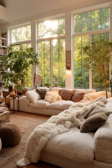 Small Cosy Flat, Sectional Living Room Inspiration, Elegant And Cozy Living Room, Home Aethstetic, Cute Funky Apartment, Nature Inspired Apartment, Earthy Tone House Decor, Cosy Flat Ideas, Hippy Apartment Aesthetic