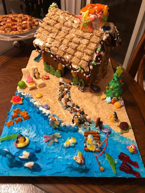 Summer Gingerbread House, Beach Theme Gingerbread House, Gingerbread Sandcastle, Beachy Gingerbread House, Beach Gingerbread House, Gingerbread Beach House, Under The Sea Gingerbread House, Beach House Gingerbread House, Gingerbread Lake House