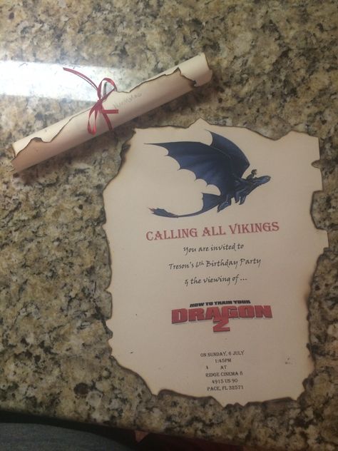 How to train your dragon invitations.  I love how these bday invites came out my husband and son burned the edges to make it look more authentic viking. How To Train Your Dragon Party Invites, How To Train Your Dragon Invitations, How To Train Your Dragon Party, Dragon Invitations, Httyd Party, Toothless Party, Dragon Birthday Invitations, Viking Birthday, Dragon Themed Birthday Party