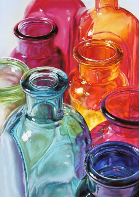 I'm particularly fond of "shiny things" and enjoy painting the surprising reflections in glass and metal. Colorful Glass Bottles, Colored Glass Bottles, Reflection Art, Oil Pastel Paintings, Still Life Photos, Still Life Drawing, Painting Still Life, Still Life Art, High Art