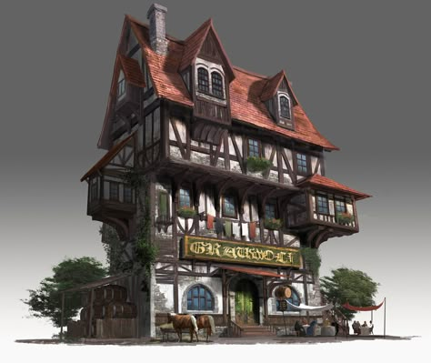 Medieval Pub House, Jongmin Ahn on ArtStation at https://www.artstation.com/artwork/wq1GZ Concept Art House, Construction Minecraft, Fantasy Buildings, 3d Karakter, Medieval Buildings, Medieval House, Medieval Artwork, Fantasy Town, Planet Coaster