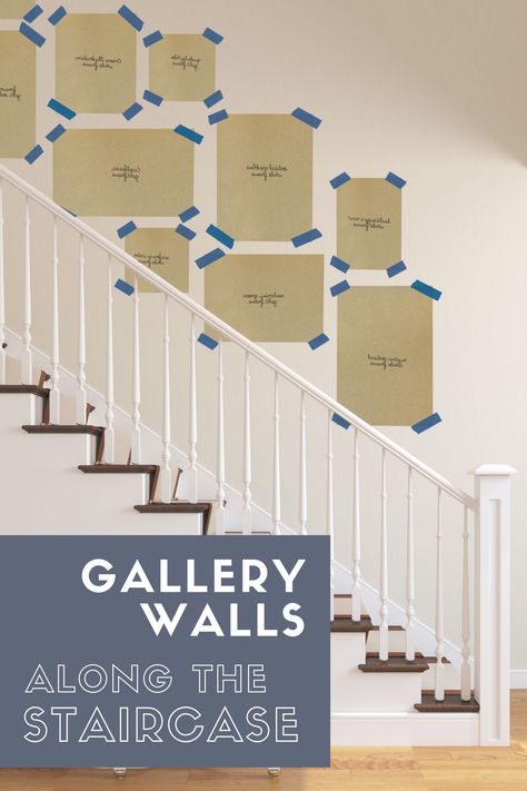 Designing a gallery wall up your staircase can be tricky. We have put together tips and tricks to create the perfect staircase gallery wall! #gallerywallstaircase #gallerywalllayout #staircasewalldecor #gallerywalls #walldecor Stair Gallery Wall Layout, Gallery Wall On Staircase, Staircase Photo Wall Layout, Staircase Gallery Wall Layout, Stairway Pictures, Staircase Gallery Wall, Foto Scale, Gallery Wall Stairs, Wall Staircase