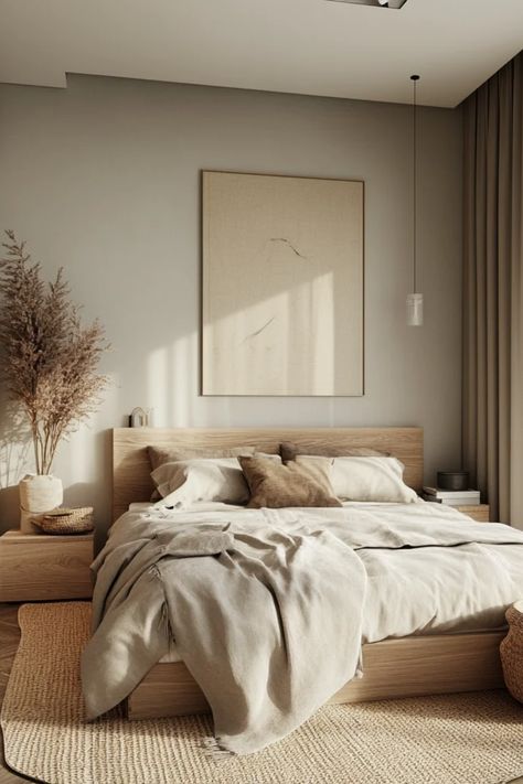 A cozy Scandinavian-inspired bedroom featuring minimalistic decor and soft textiles. This pin showcases ideas for creating a serene sleeping environment using neutral color palettes and natural materials. Chic Scandinavian Interior, Clean Crisp Bedroom, Cozy Scandinavian Interior Design, Scandinavian Style Bedroom Inspiration, Scandinavian Loft Bedroom, Natural Color Bedroom Ideas, Scandinavian Modern Bedroom, Bedroom Inspirations Master Scandinavian, Bedroom Minimal Cozy