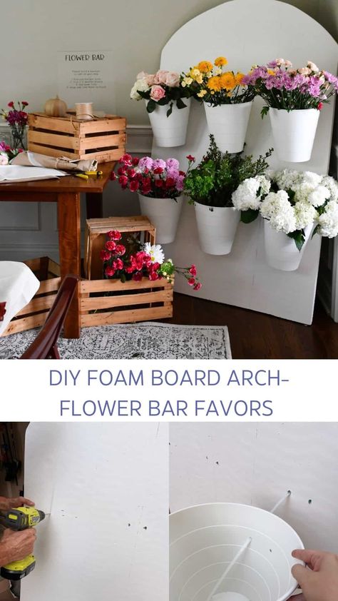 This favor is so fun for bridal or baby showers! The backdrop was easy to make and under $40 using foam board. Build Your Own Bouquet Bar Showers, Bloom Bar Baby Shower Ideas, Bloom Bar Diy, Baby Shower Bouquet Bar, Diy Flower Bar Setup Ideas, Bouquet Bar Build Your Own, Make Your Own Bouquet Station, Build Your Own Bouquet Bar, Bridal Shower Backdrop Diy