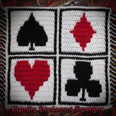 Playing Card Suits - Overlay Mosaic Square Crochet pattern by Cyndie Birdsong Mosaic Crochet Square, 4 Quadrants, Mosaic Square, Crochet Pour Halloween, Card Suits, Granny Square Bag, Mosaic Crochet, Granny Square Blanket, Fun Crochet Projects