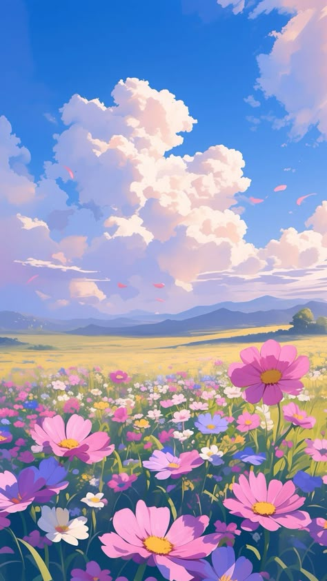 Pastel Nature Wallpaper, Flower Scenery Drawing, Flower Field Drawing, Adorable Anime, Studio Ghibli Background, Dreamy Artwork, View Wallpaper, Pretty Backgrounds, Mangalore