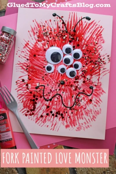 Easy Toddler Fall Activities, Monster Process Art Preschool, The Love Monster Craft, Fork Monster Painting, Pre K Monster Craft, Monsters Love School Activities, Pre K Monster Activities, Red Art Projects For Preschoolers, Prek October Crafts