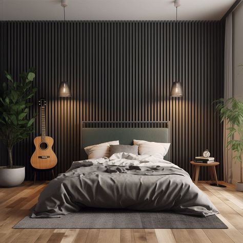 Slat Veneer Wall Panels vs. Other Soundproofing Solution Design Ložnic, Black Feature Wall, Feature Wall Bedroom, Black Accent Walls, Wood Slat Wall, Accent Wall Bedroom, Bedroom Panel, Wood Panel Walls, Slat Wall