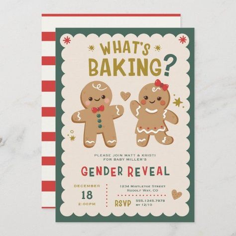 Gingerbread Gender Reveal, Holiday Gender Reveal, Gender Reveal Baby Shower Themes, Christmas Gender Reveal, Gingerbread Baby, Winter Invitations, Gender Reveal Party Theme, Gender Reveal Themes, Baking Christmas