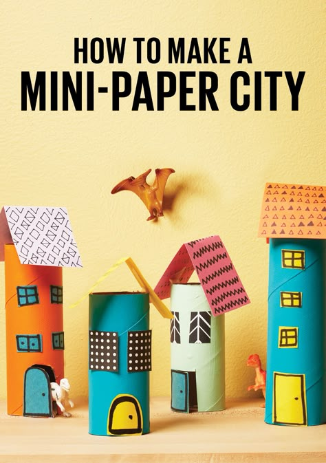 Build a mini city for your child's toys and figurines with this recycled paper towel roll craft. Toilet Paper Crafts, Kid Friendly Crafts, Earth Day Crafts, Toilet Paper Roll Crafts, Paper Roll Crafts, Paper Towel Roll Crafts, Paper Houses, Childrens Crafts, Recycled Crafts