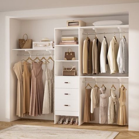 96'' W Modern White Closet Organizer System with Drawers for Walk-in and Reach-in Closet - Bed Bath & Beyond - 40745882 Diy Walk In Closet, Organiser Son Dressing, Closet Organizer With Drawers, White Closet, Reach In Closet, Closet Organizing Systems, Coat Closet, Teen Bedroom Furniture, Storage Closet Organization