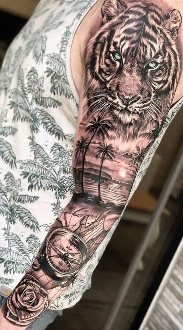 Tigre, brújula y playa Tiger Tattoo Sleeve, Mangas Tattoo, Sleeve Tattoos For Men, Full Hand Tattoo, Animal Sleeve Tattoo, Animal Sleeve, Lion Tattoo Sleeves, Tattoo Placements, Men Tattoos Arm Sleeve