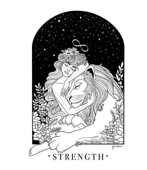 The Strength Tarot Card, Tattoo Designs Japanese, Strength Tarot Card, Virgo Tattoo Designs, Strength Tarot, Tarot Card Tattoo, Tarot Tattoo, Virgo Tattoo, Card Tattoo