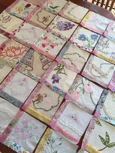 Vintage embroidery quilt -- that's a thought, but i don't know if I want to cut up mom's work. Handkerchief Crafts, Embroidery Quilt, Baby Pattern, Embroidered Quilts, Embroidery Patterns Vintage, Pola Sulam, Linen Quilt, Patchwork Quilting, Vintage Handkerchiefs