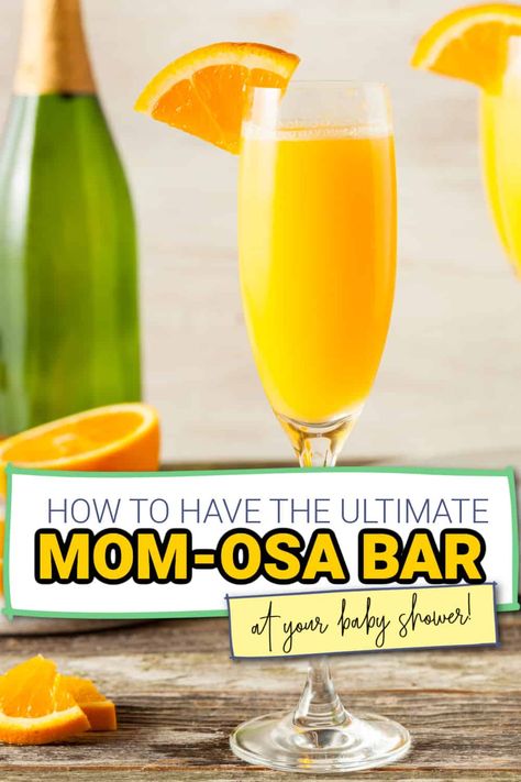 Mimosas or Mom-osas are the perfect drink to serve at baby showers! Here's our guide on how to have the ultimate Mimosa Bar! How To Make A Momosa, Mom Mosa Recipe, Mom Mimosa Bar, Mock Mimosa Bar, Momosa Mimosa Bar Non Alcoholic, Mocktail Baby Shower Bar, Momosa Mimosa Recipe, Virgin Mimosa Bar, Non Alcoholic Mimosa Bar