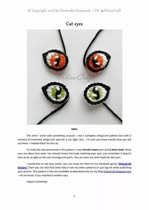 Crochet Cat Eyes Free Pattern, Crochet Cat Eyes, Crochet Eyes Free Pattern Amigurumi, Crochet Eyes Free Pattern, Crochet Cat Face, Crocheted Animals, Cat Nose, Cat Crochet, Crochet Eyes