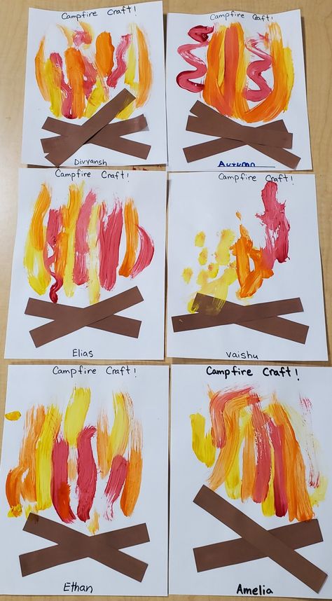 Fire Activity For Preschool, Camp Fire Craft For Preschool, Fire Craft Preschool, Station Ideas For Preschool, Campfire Art Preschool, September Arts And Crafts Preschool, Fire Preschool Crafts, Smores Activities For Preschool, Firetruck Craft For Toddlers