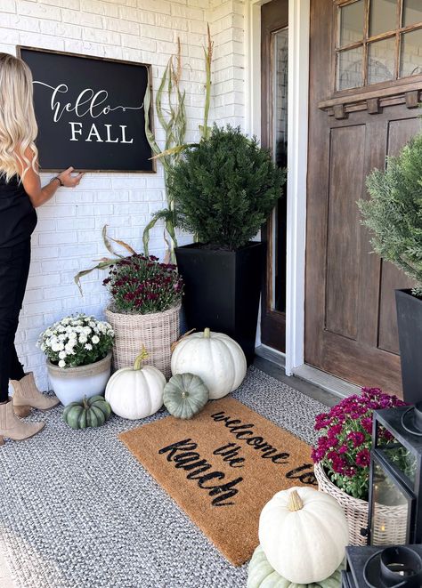 Hello Fall Sign as seen on Blessed Ranch Instagram (Shown Size in photo is approx. 22x26 Each Sign is handcrafted in our SIDCO Design Studio All signs are made to order, we do not stock any signs **ALL SALES ARE FINAL** Fall Porch Entryway Decor, Black Fall Decorations, Western Fall Home Decor, Ranch House Porch Decor, Modern Fall Front Door Decor, Neutral Autumn Decor Front Porch, Fall Home Decor Porch, Modern Fall Front Porch Decor, August Front Porch Decor