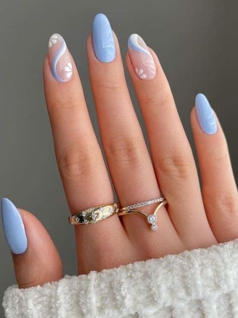 Korean simple flower nail design: light blue Acrylic Nail Ideas For School, Basic Nail Designs, Unghie Sfumate, Cute Simple Nails, Simple Gel Nails, Summery Nails, Flower Nail Designs, Blue Nail Designs, Vacation Nails