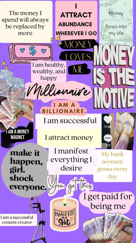 Manifest money, Financial freedom, positive relationship with money 💵 millionaire 🤩 Vision Board Relationship, Positive Manifestation Wallpaper, Wealth Vision Board, Manifesting Money Affirmations, Creative Vision Boards, Vision Board Success, Vision Board Themes, Positive Relationship, Vision Board Collage