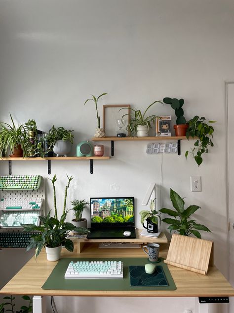 Dorm Desk Plants, Brown Wood Desk Decor, Small Desk Area Organization, Desk Decor Plants, Desk Ideas Plants, Earth Tone Desk, Save Green Bedroom Aesthetic, Desk Shelving Ideas, Desk Green Aesthetic